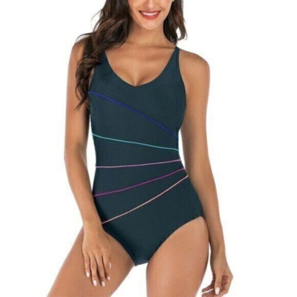 Miss Adola Women's‎ Athletic Bathing Suit Black & Gradient Lines Size 6